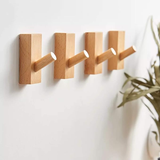 HomeDo Wall Hooks Hat Rack, Wooden Coat Hooks Wall Mounted, Decorative Hooks Single Organizer Hat Hanger Towel Rack, Heavy Duty Hooks (Rectangle-Beech,8P)