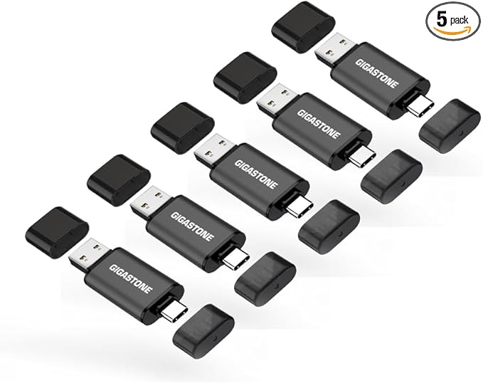 GIGASTONE 128GB Dual USB Flash Drive 5-Pack, USB 3.2 Gen 1, 2-in-1 USB C+A, Speed Up to 100MB/s, Head Cap Design Thumb Drive, Plug & Play for Smartphone/PC/Mac/TV/Car Audio, USB 2.0/3.0/3.1 Compatible