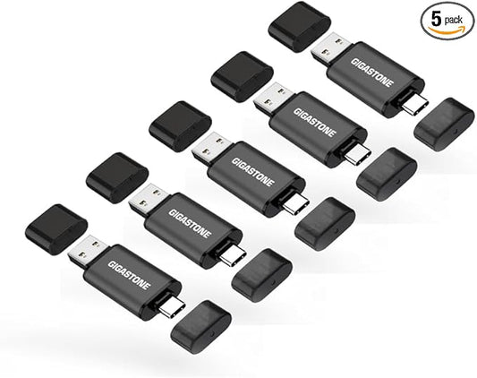 GIGASTONE 128GB Dual USB Flash Drive 5-Pack, USB 3.2 Gen 1, 2-in-1 USB C+A, Speed Up to 100MB/s, Head Cap Design Thumb Drive, Plug & Play for Smartphone/PC/Mac/TV/Car Audio, USB 2.0/3.0/3.1 Compatible