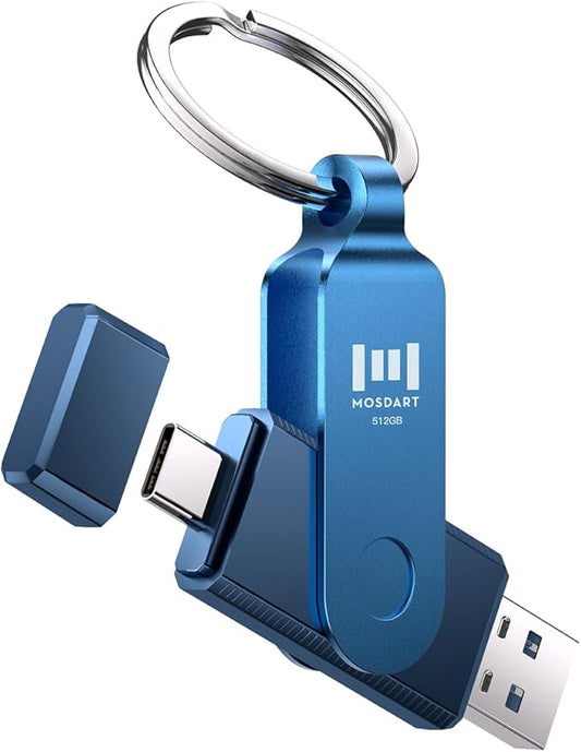 MOSDART 512GB Dual USB 3.2 Type C Flash Drive, Speed Up to 150MB/S Thumb Drive with Keychain, for iPhone 15,16,17, Android Phone, iPad, MacBook, and Laptops, Navy Blue