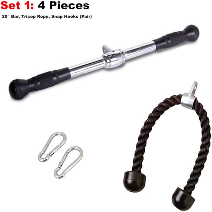 FITNESS MANIAC USA 4-Piece set Home Gym Cable Attachment Handle Machine Exercise Chrome PressDown Strength Training Home Gym Attachments