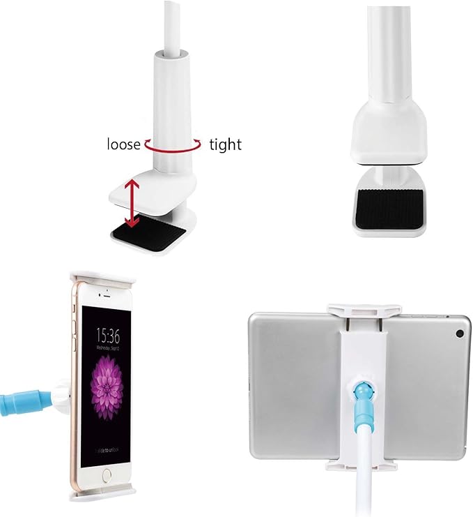 gsiollvderbarley Phone Holder,gooseneck Phone Holder,360° Rotate Support Rod One-Hand Adjustable Cell Phone Holder,for Desk Headboard Nightstand. (White)
