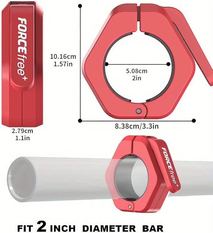 Forcefree+ Barbell Clips (Pair), Barbell Clamps, Quick Release Olympic Barbell Clamps with Anti Slip TPR Grip, Barbell Collars for Secure Weightlifting & Powerlifting (Non Magnetic, Red)