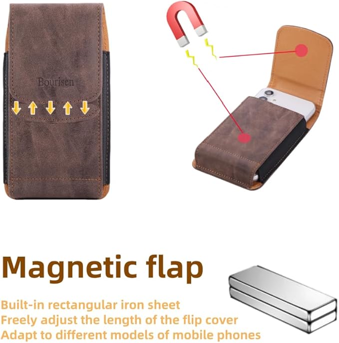Bourisen Universal Phone Holster Phone Pouch Case Belt Clip Belt Loops Card Slot Faux Leather for Man iPhone 17/16/15pro max,16/15Plus,Samsung S25 24 S23 S22 Ultra (Brown&Yellow, XL(6.6"x3.4"x0.8"))