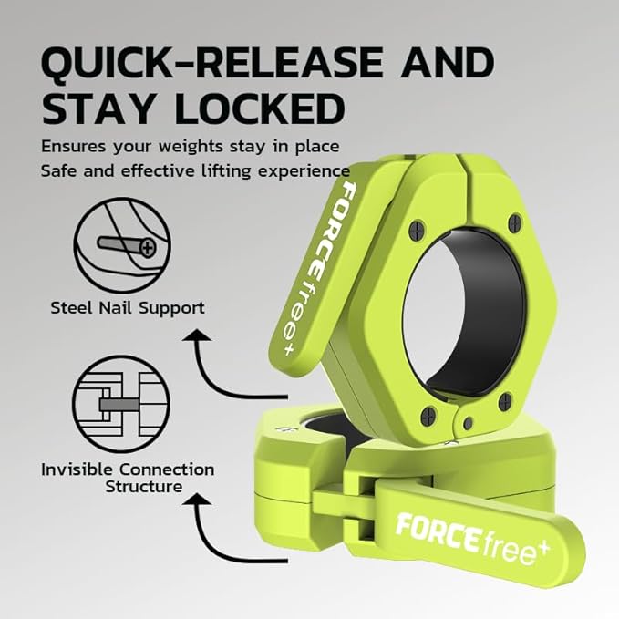 Forcefree+ Barbell Clips (Pair), Barbell Clamps, Quick Release Olympic Barbell Clamps with Anti Slip TPR Grip, Barbell Collars for Secure Weightlifting & Powerlifting (Non Magnetic, Green)