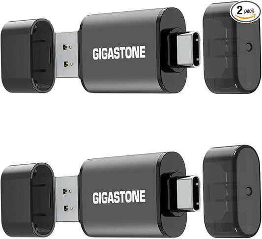 GIGASTONE 32GB Dual USB Flash Drive 2-Pack, USB 3.2 Gen 1, 2-in-1 USB C+A, Speed Up to 100MB/s, Head Cap Design Thumb Drive, Plug & Play for Smartphone/PC/Mac/TV/Car Audio, USB 2.0/3.0/3.1 Compatible