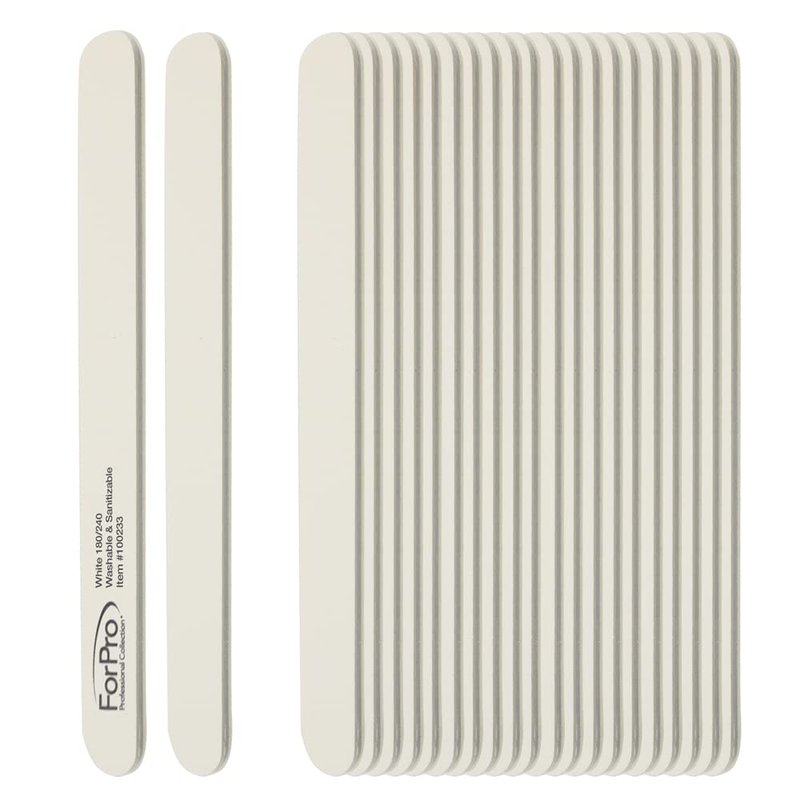 ForPro White Foam Board, 180/240 Grit, Mylar Manicure and Pedicure Nail File, 7” L x .75” W, 50-Count