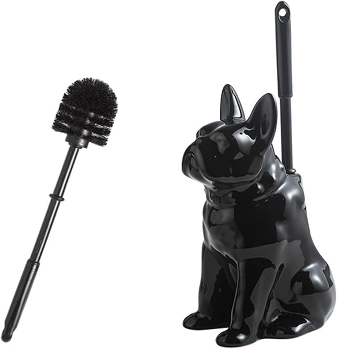 Shar Pei Hideaway Toilet Brush Holder - Concealed Brush Storage, Modern Black Ceramic Bathroom Organizer with Sturdy Brush & Foam Protection, Dog Lover Gift