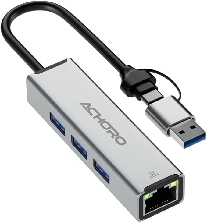 ACHORO Multi-Function USB to Ethernet Adapter with LAN – Built-in USB A & USB C, Extra 3 USB Connections with RJ45, Aluminum Alloy, for PC & Mac (LAN & USB Ports)