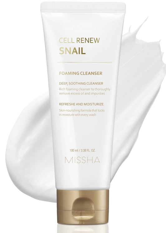 MISSHA Cell Renew Snail Foaming Cleanser 3.38 Fl Oz - Korean Skin Care Face Wash with Snail Secretion Filtrate, Deep Cleansing, Hydration Boost, Skin Elasticity, Creamy Texture, Moisture Lock