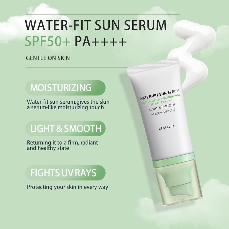 2 Pcs Centella Sunscreen, Centella Water-Fit Sun Serum SPF 50+ Light & Smooth Hyalu Cica Sunscreen