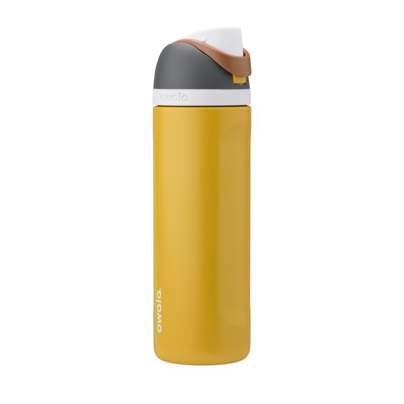 Owala FreeSip Insulated Stainless Steel Water Bottle with Straw for Sports and Travel, BPA-Free Sports Water Bottle, 24 oz, Grey/Yellow, Golden Conquest