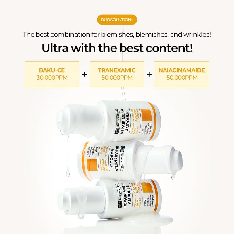 Tranexamic Acid 5% + Niacinamade 5% + Baku-CE 3% Ampoule, Duo Solution Repair Mela Ampoule - Tranexamic acid 50,000ppm, Niacinamade 50,000ppm, Bakuchiol 30,000ppm, PDRN, Peptides, Hyaluronic