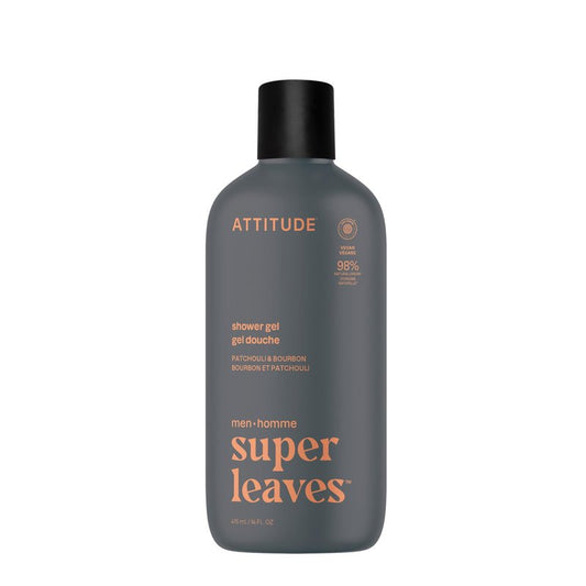 ATTITUDE Shower Gel Body Wash for Men, 98% Natural Origin Ingredients, Paraben & Phthalate Free, EWG Verified, Cleanses Without Drying, Patchouli & Bourbon, 14 Fl Oz