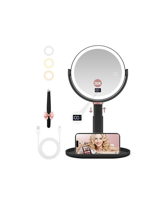 GOMIPURU Makeup Magnifying Mirror with Light 30X/1X, Digital Display, 2-Sided Touch Control, Makeup Mirror with 3 Color Lights,360°, Height Adjustable Lighted Magnifying Mirrors for Desk,Black-30X