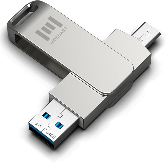 MOSDART 64GB USB C 3.2 Fast Speed C and A Dual Flash Drive, exFAT Memory Stick with Keychain Loop, for iPhone 15,16,17, Android Phone, iPad, MacBook, Silver