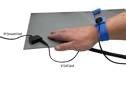 RubberStat Dual Layer ESD Compliant Workstation Rubber Table Mat Kit, Soldering, Cell Phone Repair, with Wrist Strap Set and Ground Cord - 30"x16" Grey