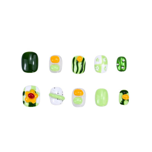 Short Press On Nails - Avocado Color Fruit Nail Art | Handcrafted Reusable Manicure Set for Women
