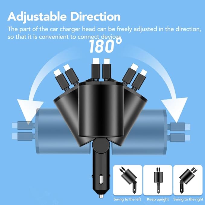 Retractable Car Charger,5 in 1 PD Car Phone Charger with Bluetooth 5.3 FM Transmitter,Handsfree Call and MP3 Player,2 Retractable Cables and USB Charging Adapter for Cars Phone,Galaxy,Pixel(Black)