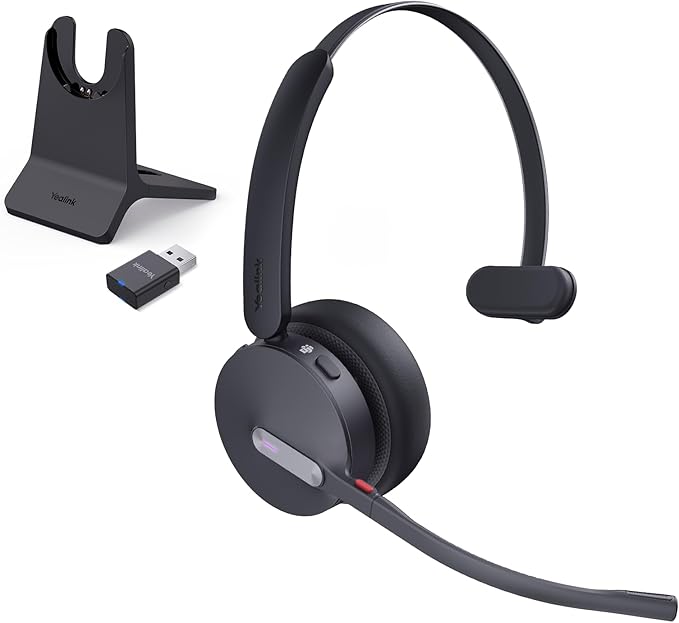 Yealink WH64 Hybrid Wireless Headset with Mic for Work, Mono Headset with Charge Stand, Bluetooth & DECT Dongle for PC/Computer/IP Phone/Cell Phones, Teams, Zoom, 492 ft Range, 26H Talk Time