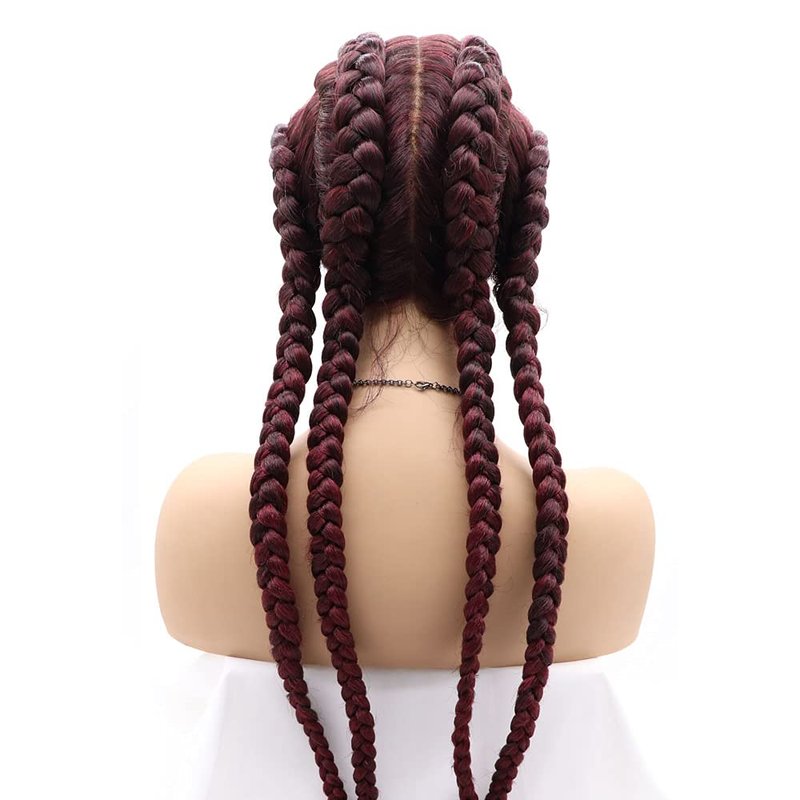 Natural-Looking Wine Red Lace Front Wig - 30 Inch Handmade Braided Wig for Women | Neatly Done Box Braids