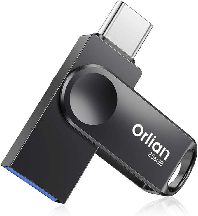 Orlian 256GB USB C Flash Drive for Phone, up to 110MB/s Dual USB 3.0 Phone Thumb Drive Type-C & USB-A, Metal Waterproof Swivel Memory Stick for iPhone 15/16/17, Android, Tablet, Computer PC