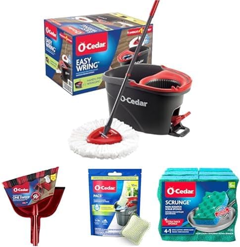 O-Cedar All-in-One Cleaning Kit: EasyWring Spin Mop + One Sweep Broom + PACS Mop Soap Cleaning Tablets + Scrunge Kitchen Scrub Sponges