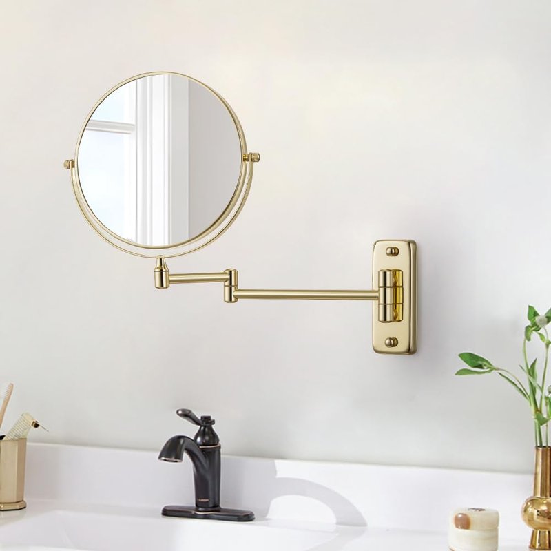 Cerdeco 8 Inch 1X/5X Double Sided Makeup Wall Mount Mirror with Gold Plated Finish 360 Swivel Extendable Cosmetic Shaving Mirror