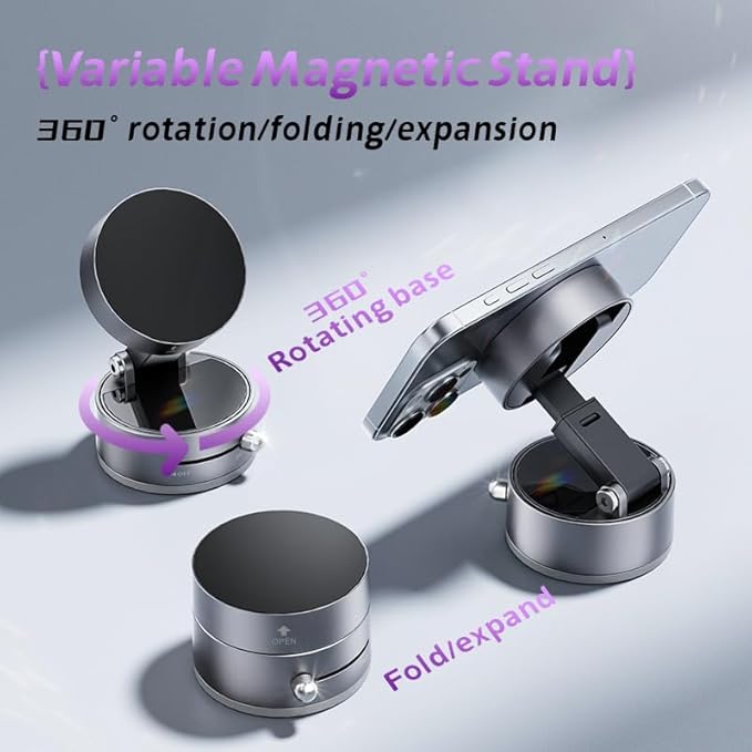 ROARADE Magnetic Phone Holder for Car, [360° Rotatable] Phone Mount with Strong Suction Cup & Retractable Stand, Foldable Phone Holder for iPhone 16/15/14/13 and All Smartphone (Black)