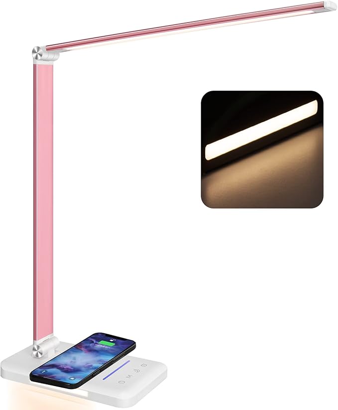 JOSTIC LED Desk Lamp with Night Light, Fast Wireless Charger, USB Charging Port, 10 Brightness, 5 Color Modes, Dimmable Bedside Table Lamp for Bedroom, Touch Control, Auto Timer, 1200Lux Super Bright