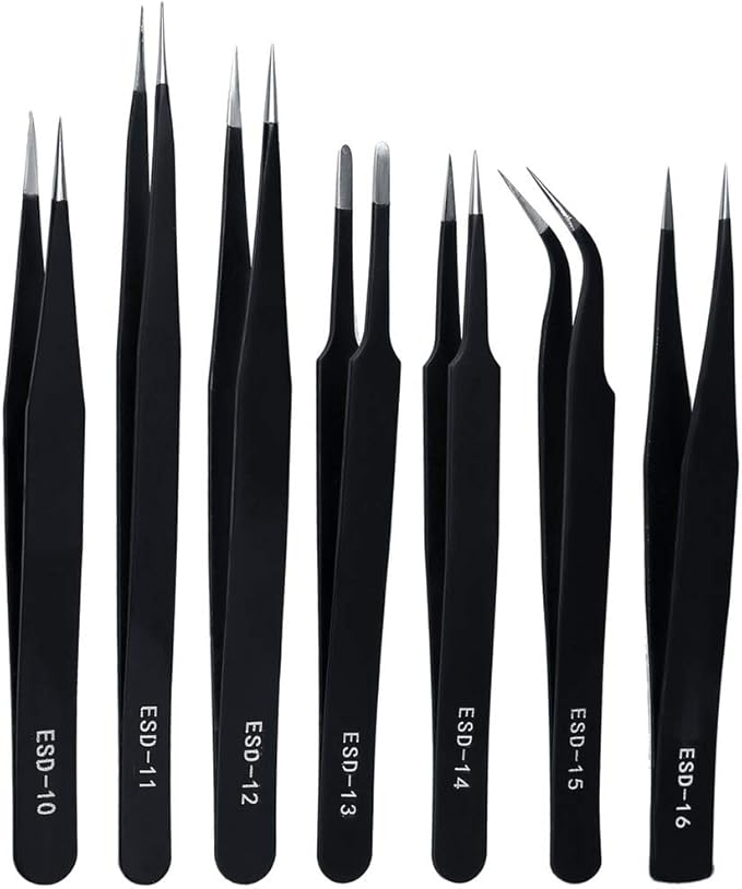 ZHIYE Precision ESD Anti-Static Tweezers, 7 pcs Stainless Steel Tweezers Set for Electronics, Jewelry-making, Laboratory Work, Repairing, Hobbies