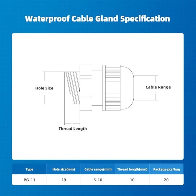 CGELE Cable Gland 20 Pack Plastic Waterproof Adjustable Connector 5-10mm PG11 Strain Relief Cord Connectors Joints Nylon with Gaskets