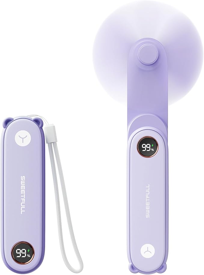 SWEETFULL Portable Handheld Mini Fan with LED Display, 3-in-1 Personal Foldable USB Rechargeable Hand Held Fan & Flashlight for Travel, Lash Eyelash, Cute Small Pocket for Women, Girls