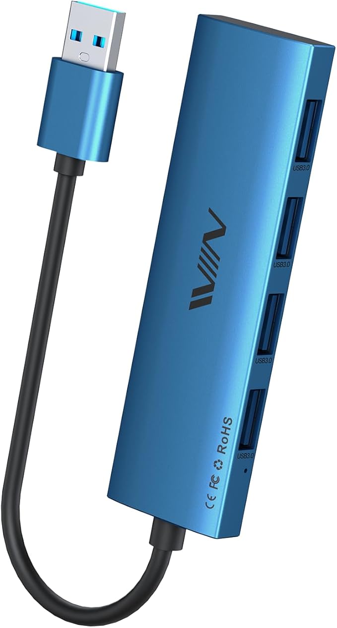 USB 3.0 Hub, 4 Port USB Hub Splitter, USB A Expander Portable USB Adapter Multiport Data Hub for Laptop, iMac Pro, MacBook Air, Mac mini/Pro, Surface Pro, USB Flash Drives, and Mobile HDD-Blue