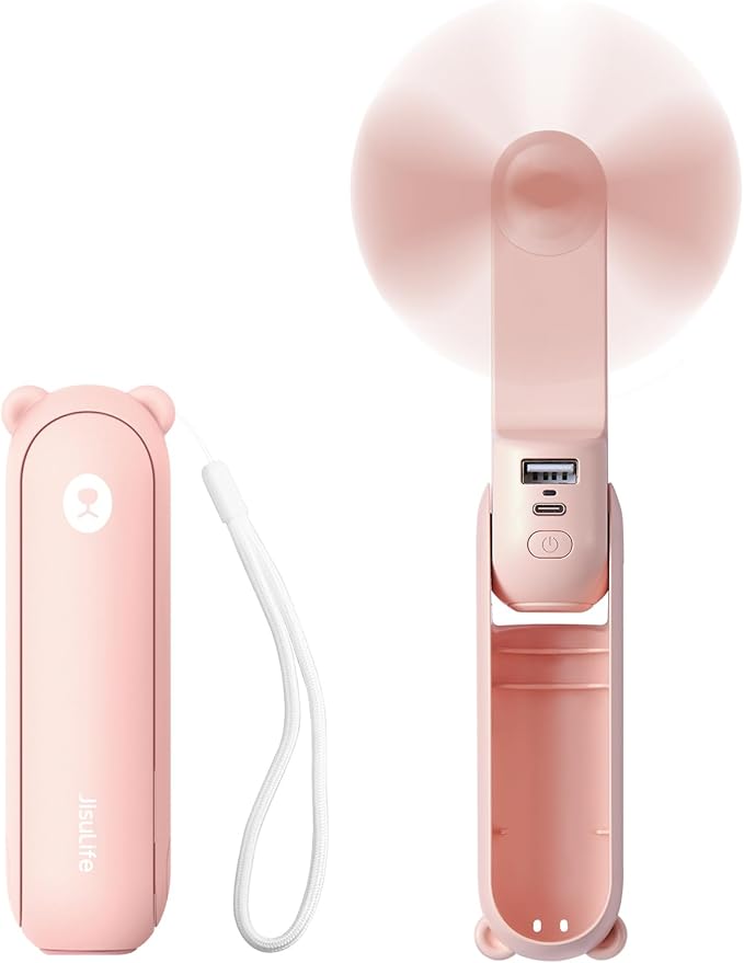 JISULIFE 3 IN 1 Handheld Mini Fan - Portable Fan & Power Bank & Flashlight, 19H Max Cooling, USB Rechargeable, Pocket-Sized for Travel, Cruise, Concerts, Makeup, 2026 Summer Gifts for Women(Pink)