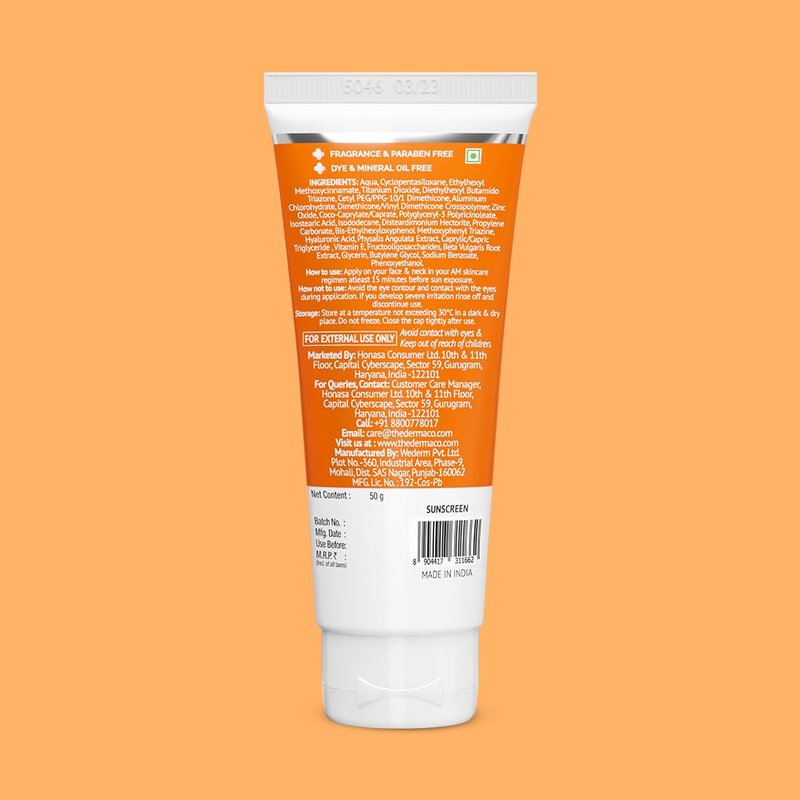The Derma Co 1% Hyaluronic Long Lasting Sunscreen SPF 50 PA++++ With Hyaluronic Acid & Vitamin E For Broad Spectrum Protection Upto 6H Sun Protection Water & Sweat Resistant No Reapplication Needed