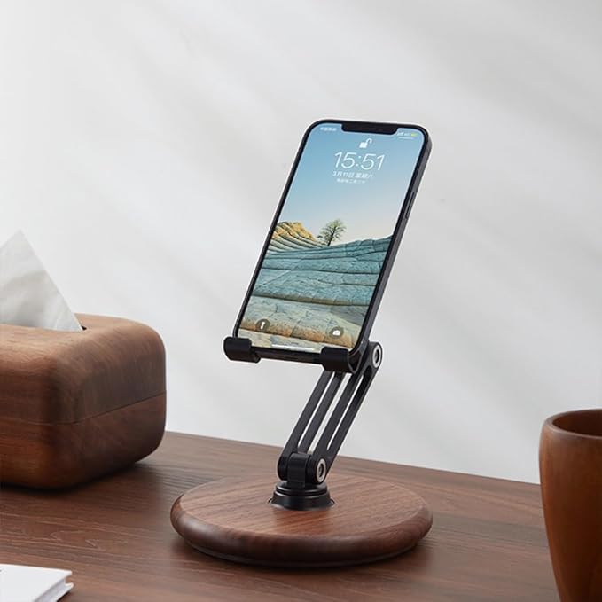 xjwoodsmart iPhone Stand for Desk, Phone Stand Adjustable Foldable, Cell Phone Holder 360 ° Rotation, Compatible with iPhone 17 16 15 14 13 12 Pro Xs Xs Samsung Galaxy Tablets All Phones, Walnut Wood