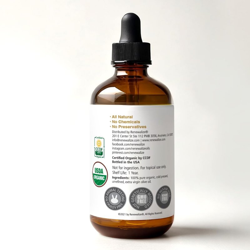 Renewalize Certified Organic Olive Oil - Dry Skin Body and Hair Moisturizer | Unrefined Extra Virgin Cold Pressed | Hot Oil Treatment