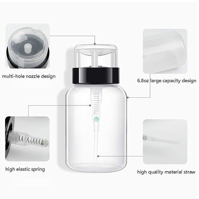 Hedume 16 Pack Push Down Empty Lockable Pump Dispenser Bottle, 6.8oz Professional Push Down Liquid Pumping Empty Bottle Dispenser for Nail Polish and Makeup Remover