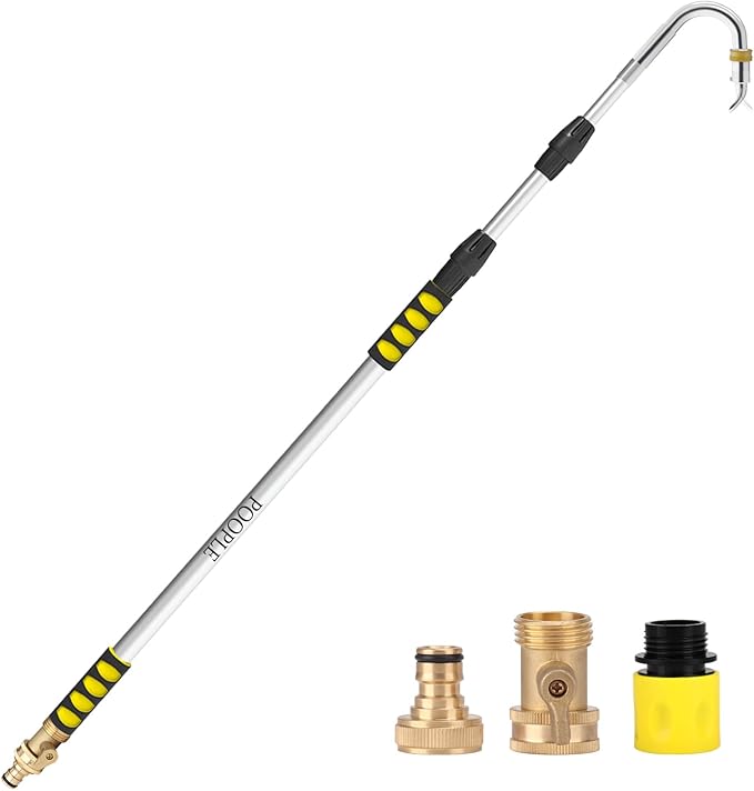 Gutter Cleaning Tools from Ground, 12FT Telescoping Pole (20FT Reach) - Heavy-Duty Zinc Alloy Head, 360Â° Spray Nozzle & Leak-Proof Kit, No Ladder Needed for Roof Gutters
