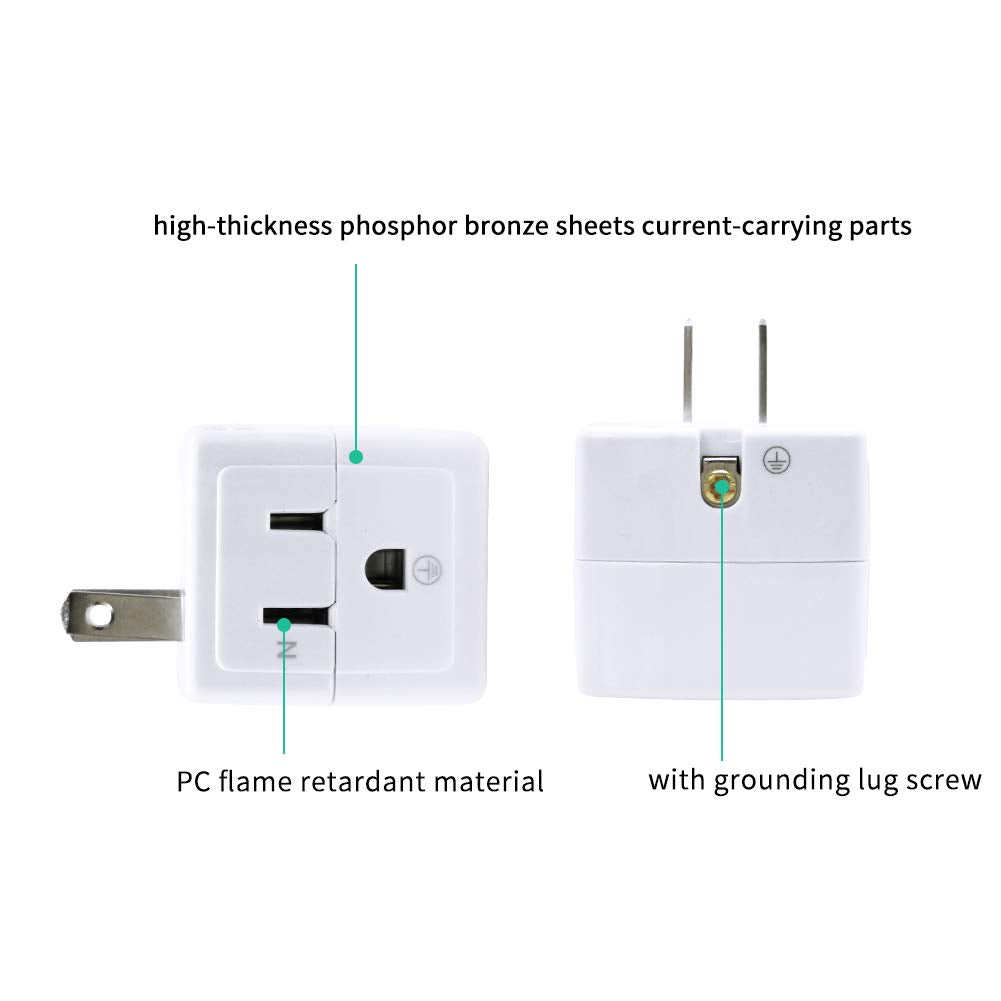 SYCON Adapter Outlet Extender, 2-Prong to 3-Prong Mini Wall Plug, Multi Outlet Splitter with 3 Outlets