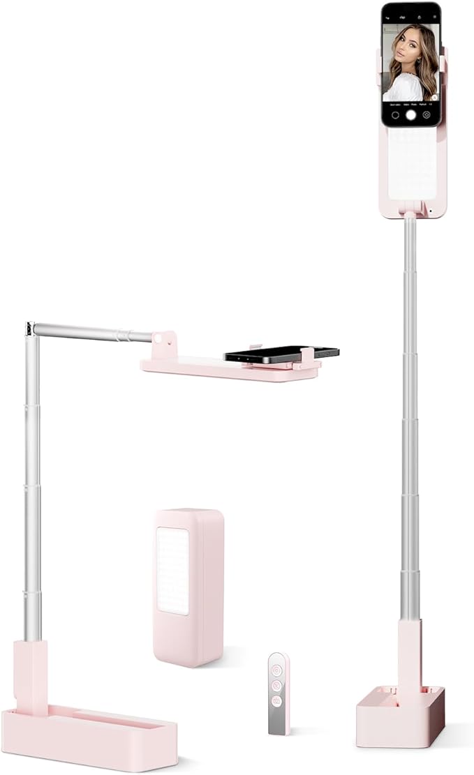 SupeDesk Phone Stand for Recording, Overhead Phone Mount with Light, Selfie Stand,Portable,Extendable,360° Rotate,Adjustable,Wireless Remote,Rechargeable, for 3.5-6.9" Phones, Live Streaming
