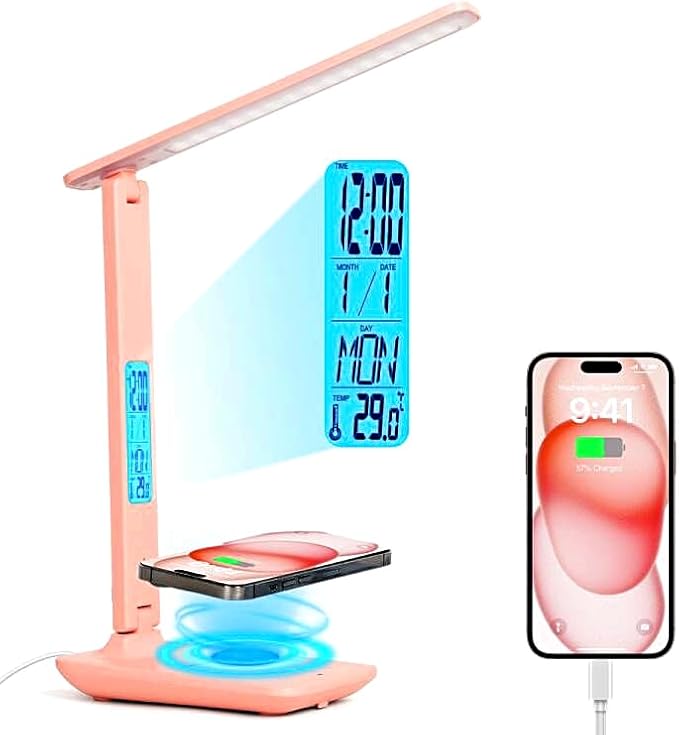 wanjiaone Multifunctional LED Desk Lamp with Wireless Charger,USB Charging Port,Clock,Phone Holder,Desk Lamps for Home Office,Eye-Caring Reading Lamp,Study Lamp for Boys,Girls,Teens,Pink