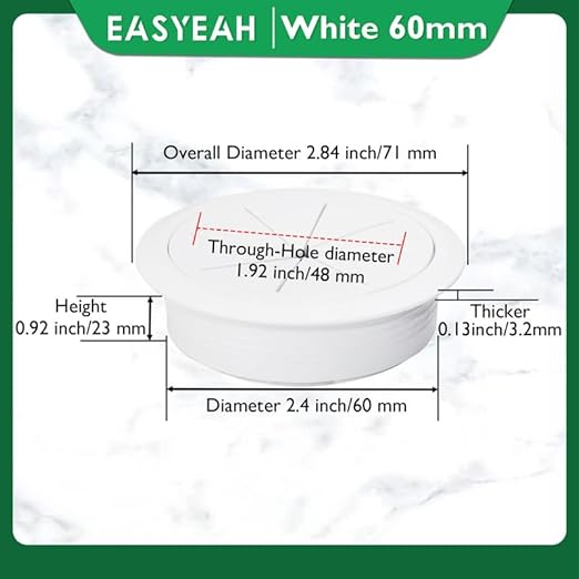 EASYEAH 2 Pcs Desk Grommet 2-3/8" / 60 mm, Desk Hole Cover for Cables White, Cable Grommet ABS Plastic, Desk Hole Grommet for Home & Office Pc, Detachable Cable Cord Organizer