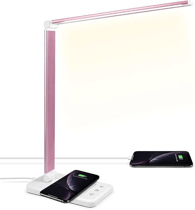 JOSTIC LED Desk Lamp with Wireless Charger, USB Charging Port, Desk Lighting with 10 Brightness, 5 Color Modes, Dimmable Eye Caring Reading Desk Lamps for Home Office, Touch Control, Auto Timer, Pink