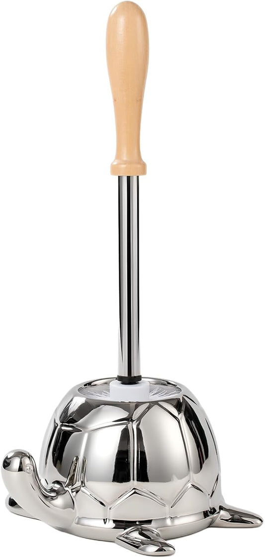 Toilet Brush and Holder Set, Ceramic Turtle Base Toilet Brush Set - 7.5â Bowl Cleaner, Toilet Scrubber Brush with Ergonomic Handle (Silver)