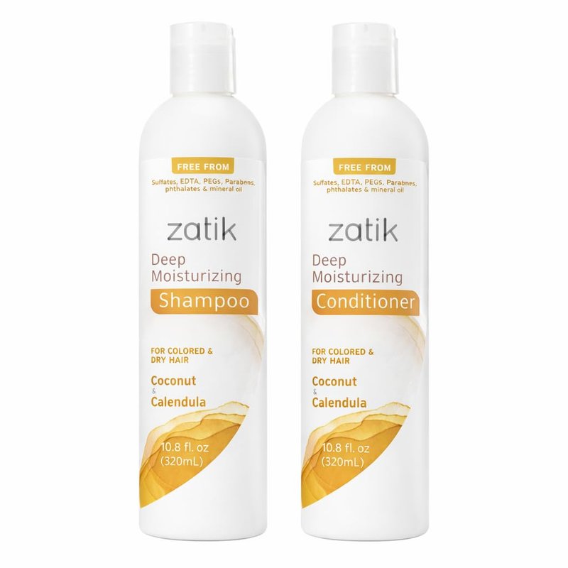 Zatik Naturals Deep Moisturizing Shampoo & Conditioner Set - Coconut & Calendula for Colored, Dry Hair | 10.8 fl oz Each
