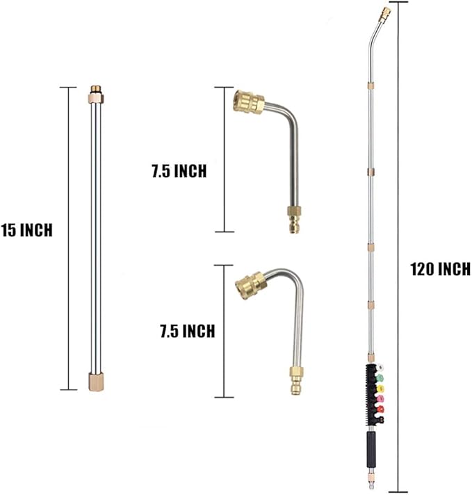 Selkie 120inch Stainless Steel Pressure Washer Extension Wand Power Washer Lance with Spray Nozzle Tips,30Â°,90Â°Curved Rod, 1/4ââQuick Connect, Replacement for Anti-Leaked Ring 4000 PSIâ¦