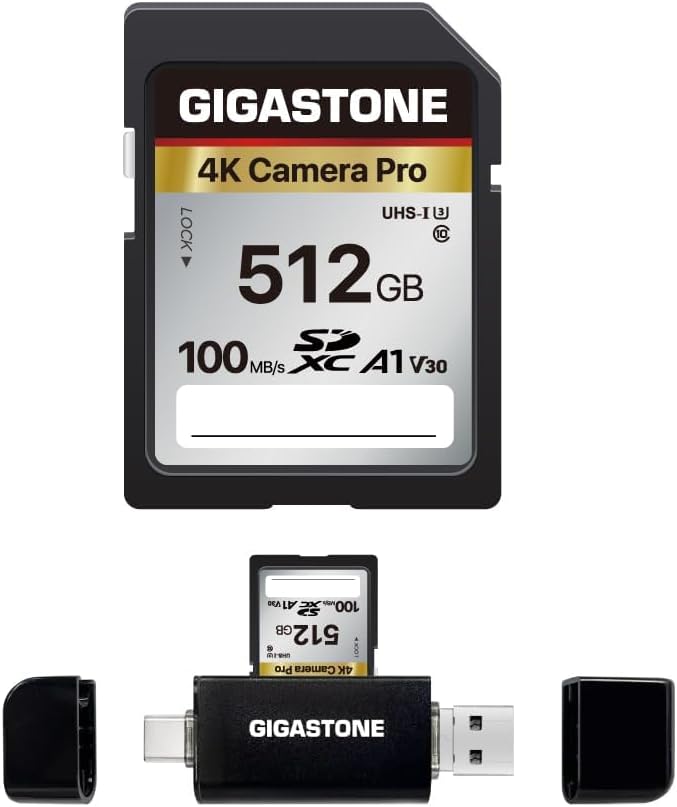 【5-Years Data Recovery】 GIGASTONE 512GB SD Card with USB Type C Card Reader, 4K Camera Pro, UHS-I A1 V30 U3 SDXC Memory Card Compatible with Digital Camera, with 1 Mini case