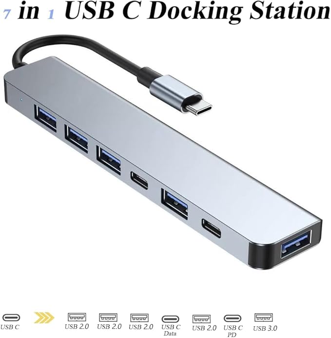 7 in 1 USB C Docking Station, Multi-Port Type C Adapter with USB 3.0 Port, Fast Charging Port, Compatible with Laptop, Computer, Tablet, Keyboard and More